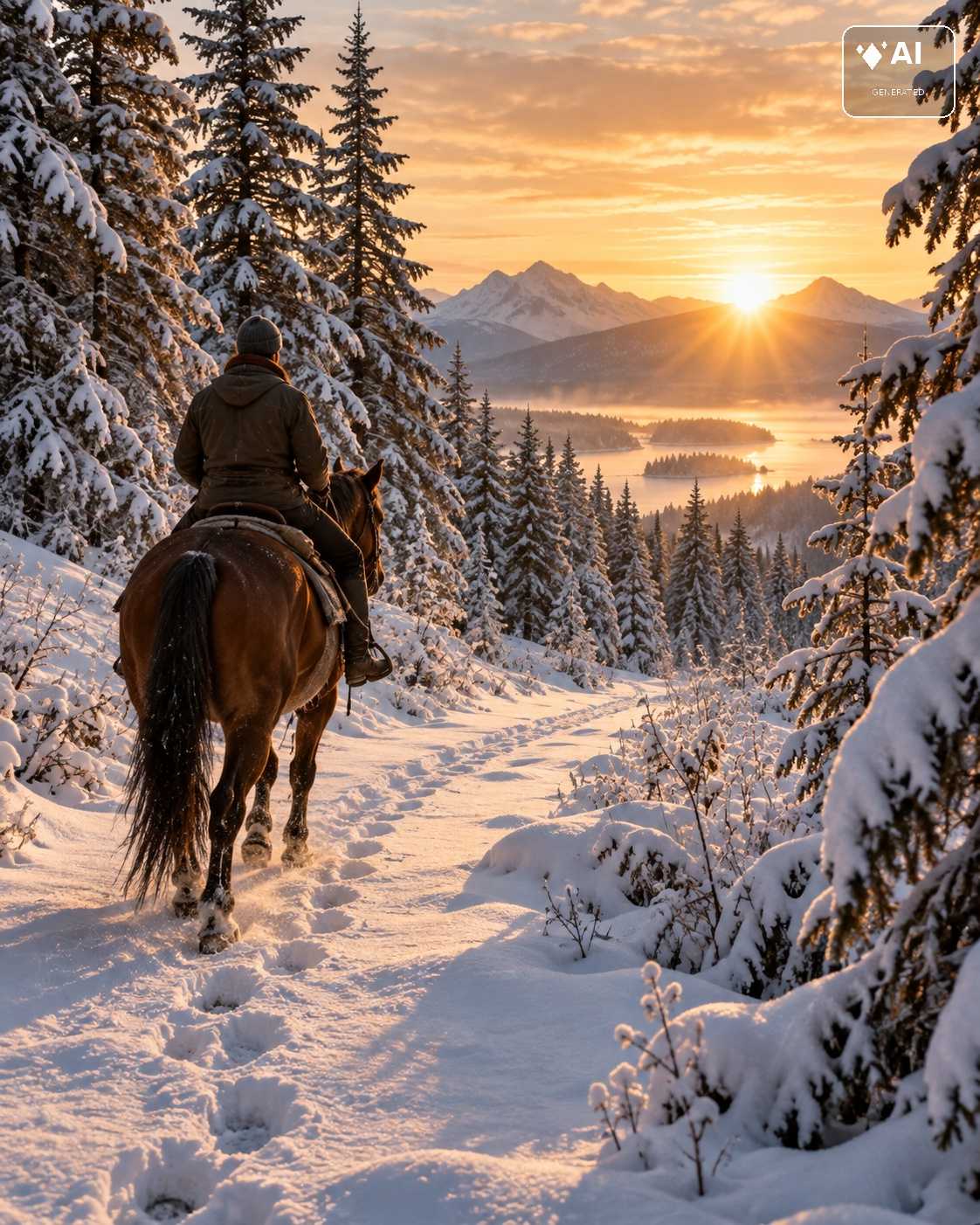 Reiter auf einem Pferd unterwegs auf einem verschneiten Waldweg mit Bergen im Hintergrund